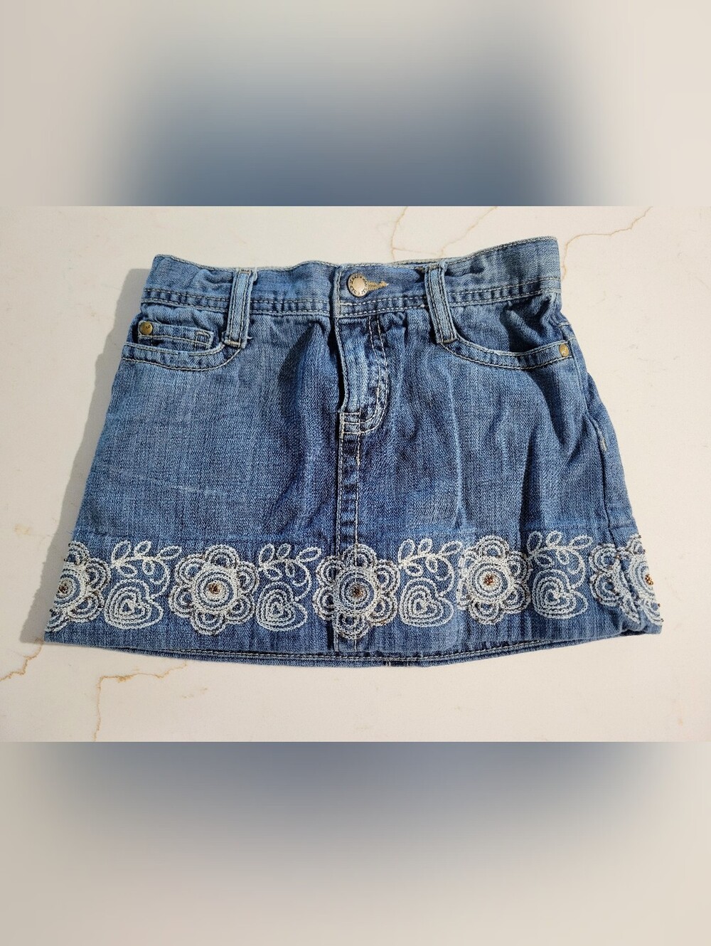 Y2K Denim Skort with White Floral Embroidery